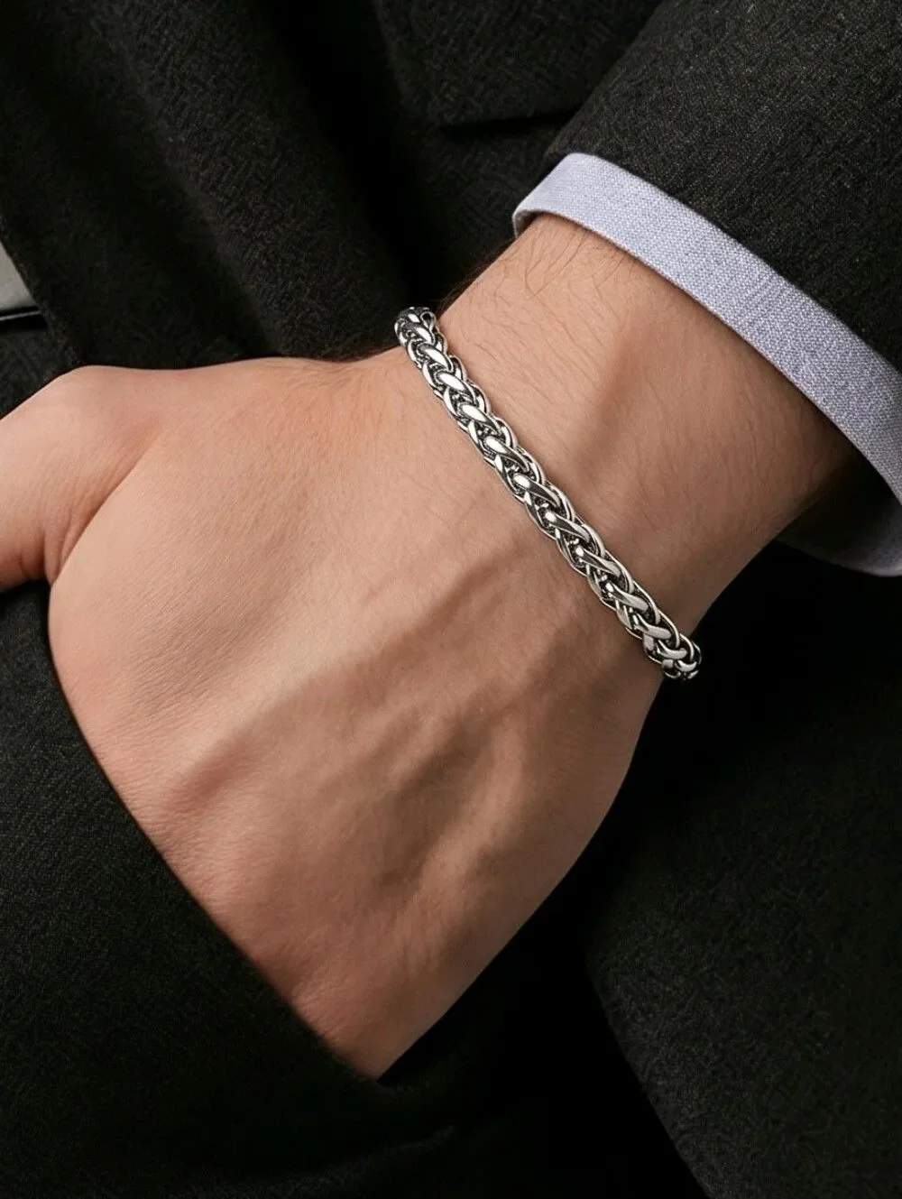 Stainless Steel Wheat Chain Bracelet Dragon Bone Link Silver 9” Minimalist Luxe